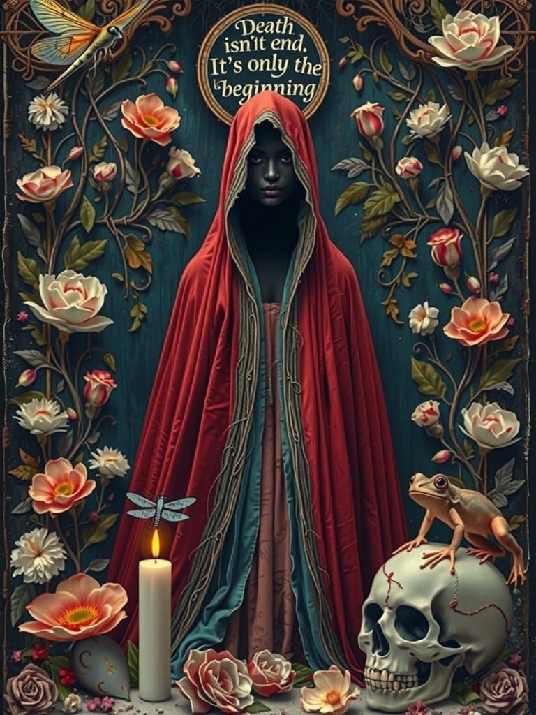 Mysterious Figure in Crimson Robes, Beside Symbolic Tapestry...