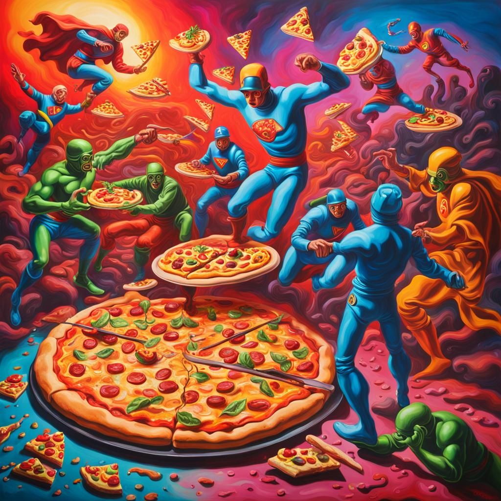 Psychedelic Toy Superheroes Fight for Pizza, Dali Style