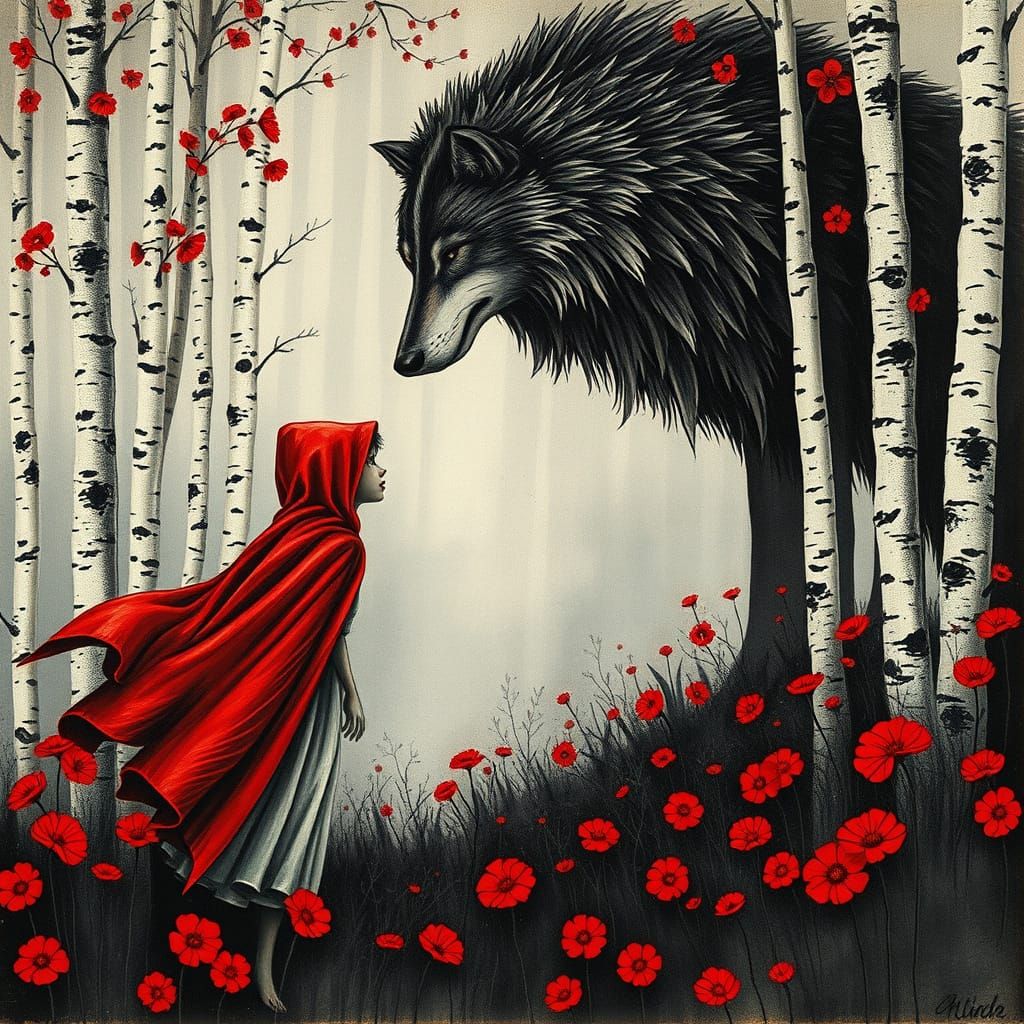 Red Riding Hood's Forest Encounter in Mixed Media
