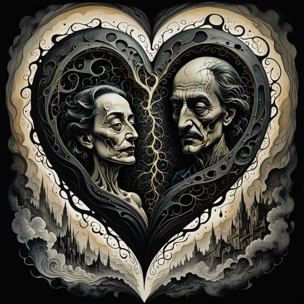 Heart Divided in Two - Whimsical Surrealist Illustration