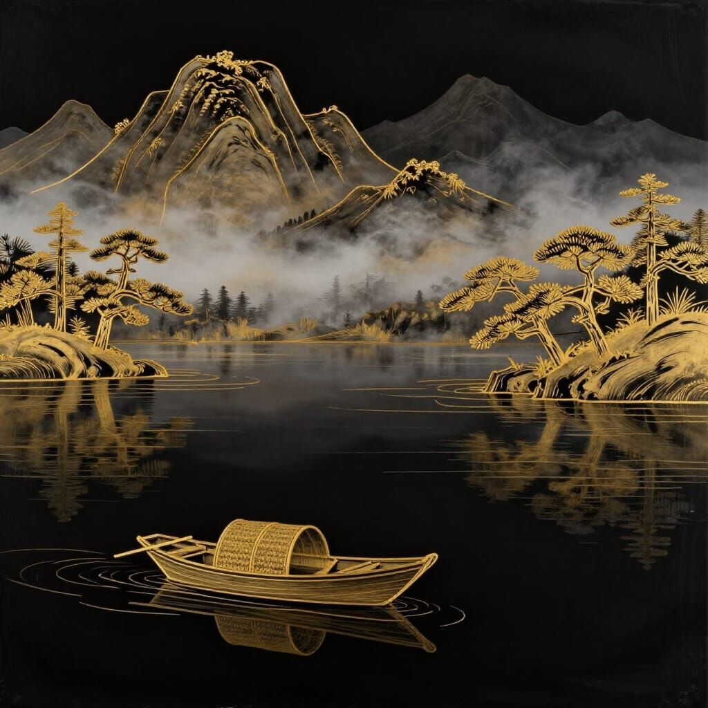 Serene Lake Landscape with Gold Liner Art