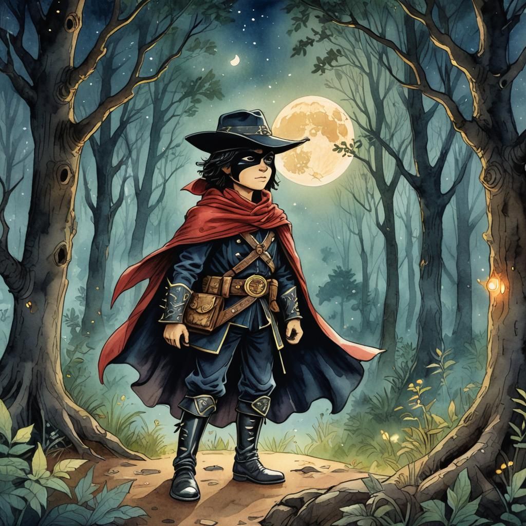 Little Zorro in Fantasy Forest, Watercolor Illustration