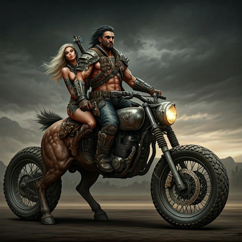 Futuristic Centaur Warrior with Rider in Post-Apocalyptic St...