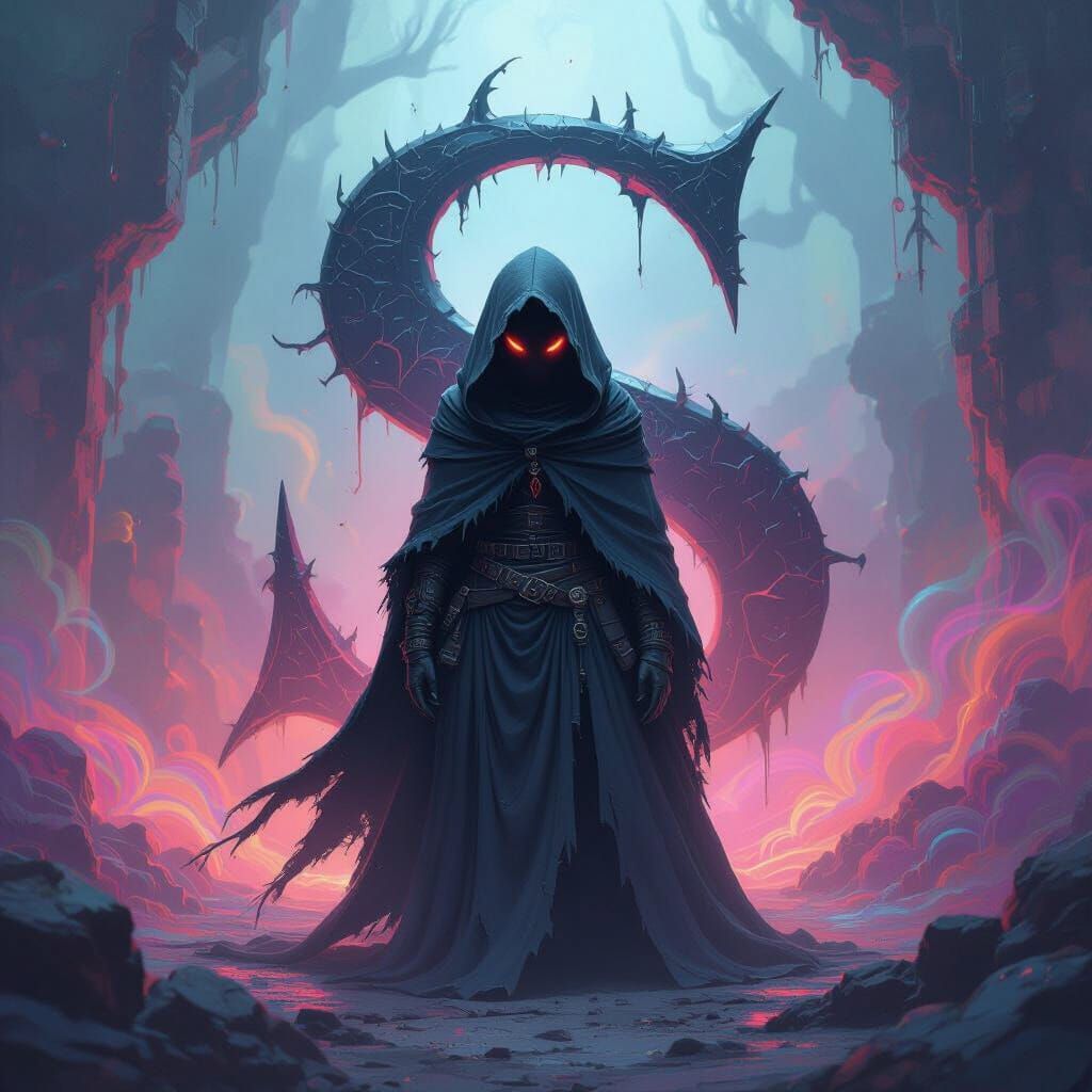 Eerie Cloaked Figure in a Vibrant Realm