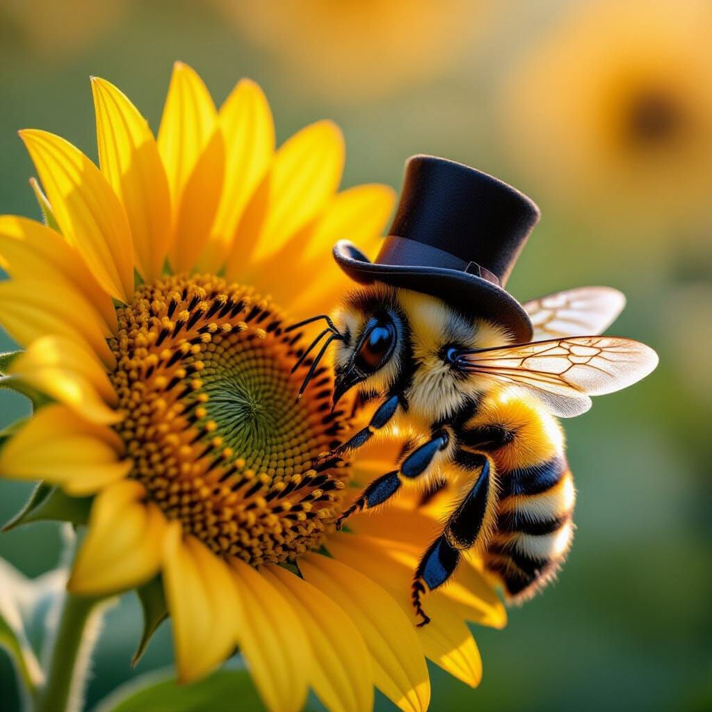 Honeybee in Top Hat Sips Nectar: Macro Photograph