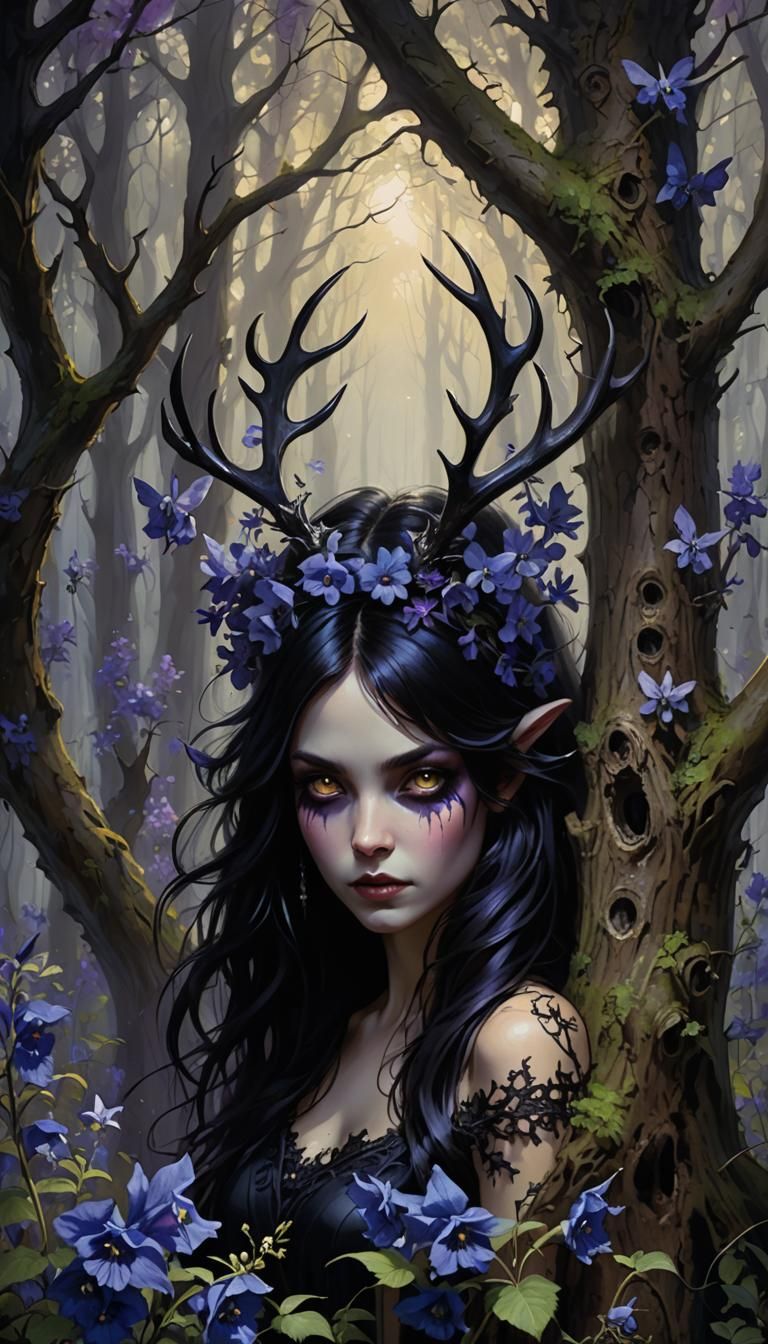 Ethereal Fairy in Shadowed Forest with Glowing Eyes