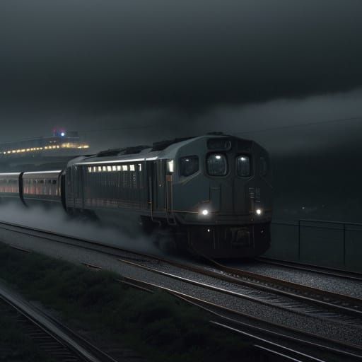 Cinematic Train Speeding Through a Misty Cityscape at Night
