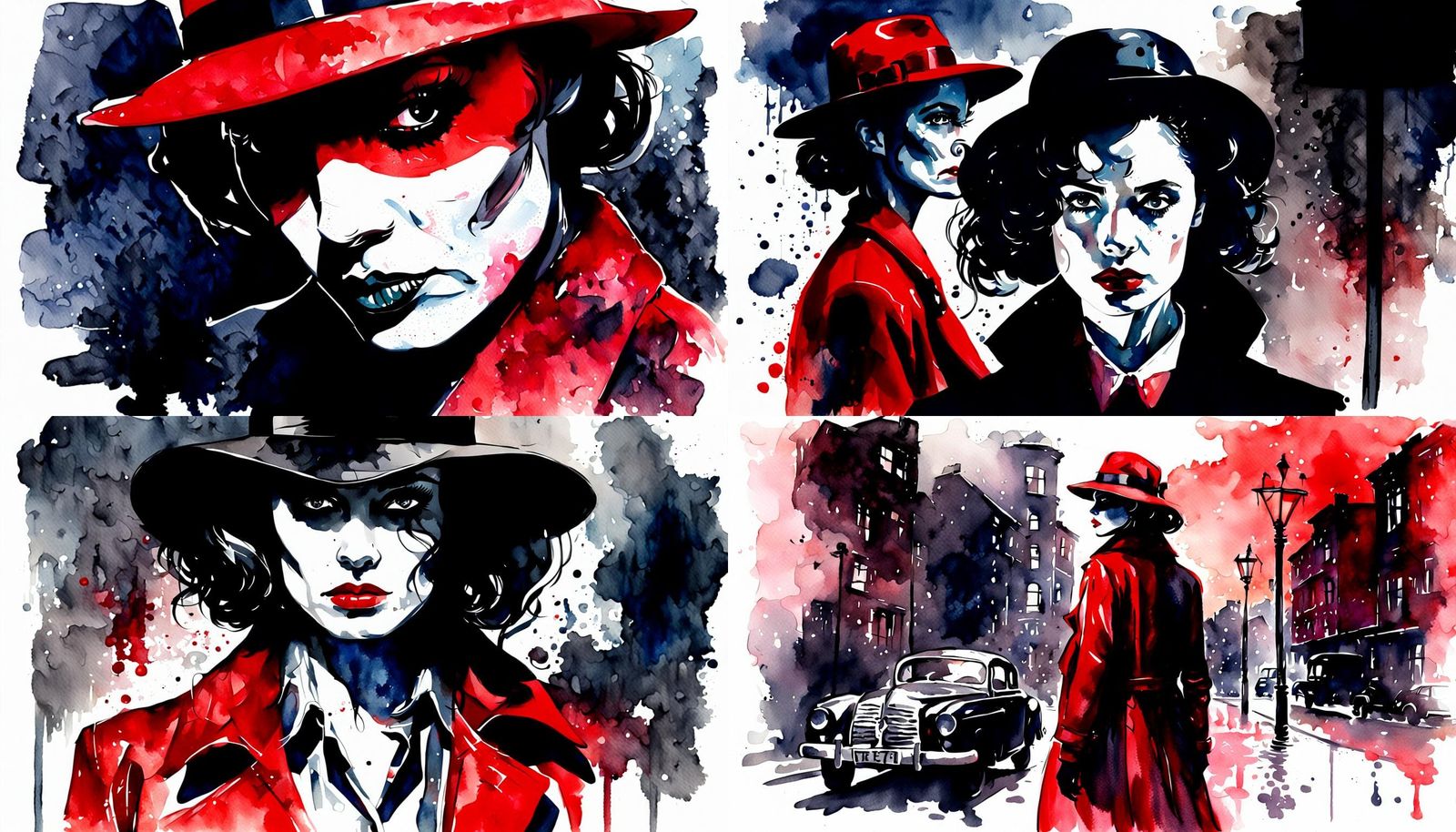 Noir Detective Woman in Red Watercolor