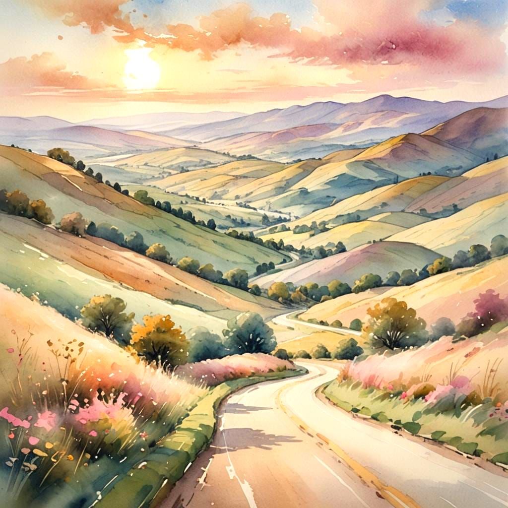 Sunlit Road to Distant Hills in Soft Focus