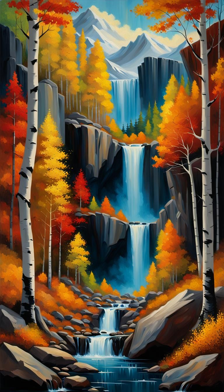 Autumn Aspen Grove Waterfall in Impressionistic Style