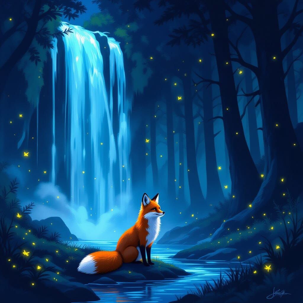 Mystical Fox Under Luminescent Waterfall at Night