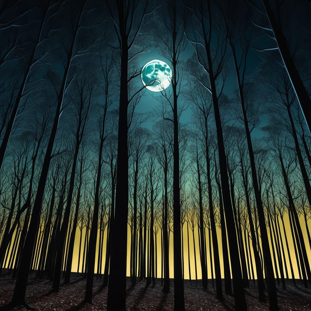 Surreal Forest of Chrome Trees under a Glowing Moonlit Sky