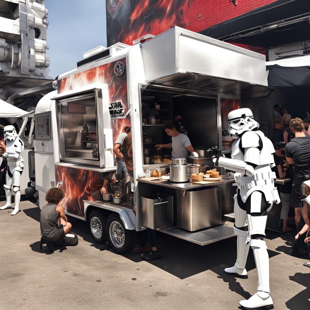Cyberpunk Space Food Truck Serving Stormtroopers