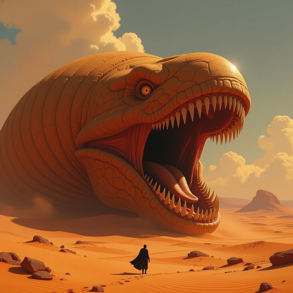 Colossal Sandworm in Ochre Desert: Hyperrealistic Digital Pa...