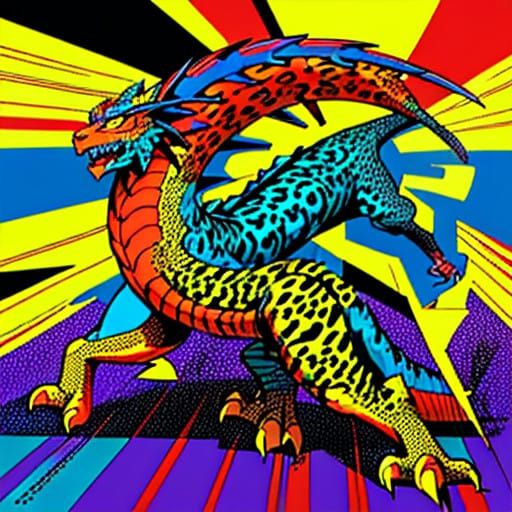 Vibrant Pop Art Dragon-Leopard Roars with Energy