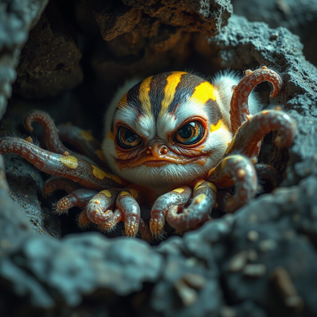 Angry Fluffy Creature with Neon Stripes and Tentacles