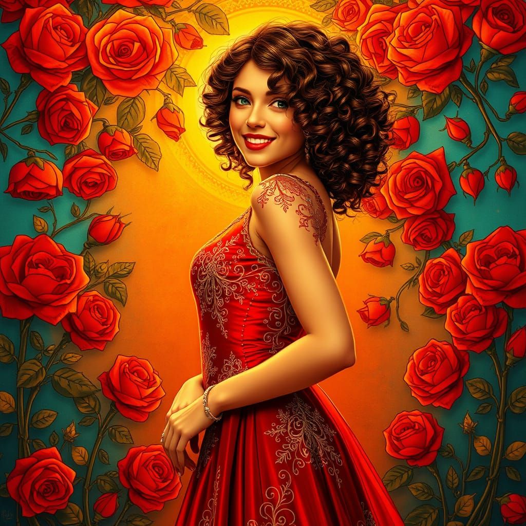 Elegant Woman Amidst Red Roses in Art Nouveau Style