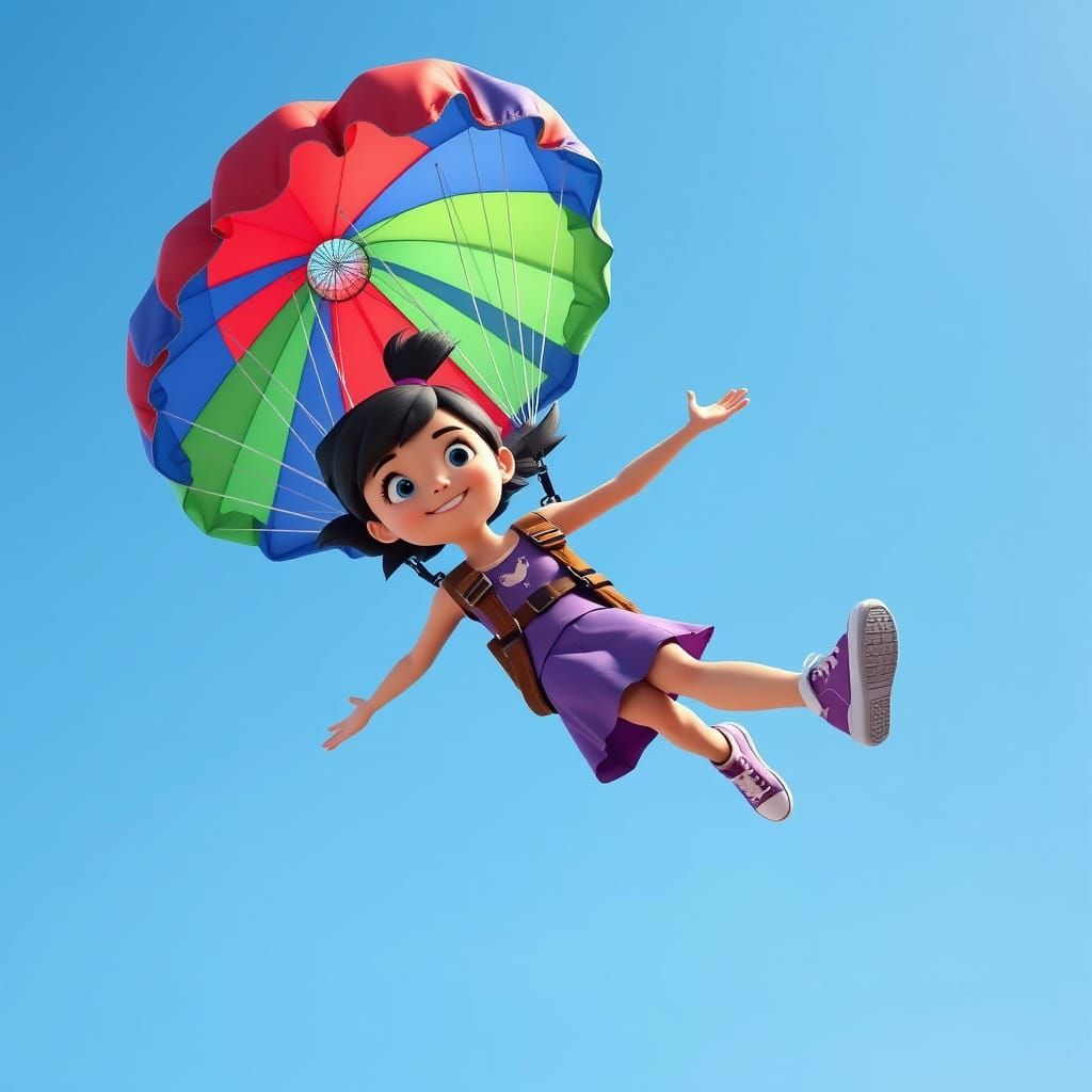 Girl Flying with Parachute in 3D Computer Art Style