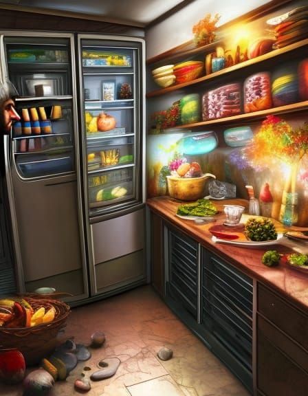 Open Fridge in Kitchen: Digital Art Rendering