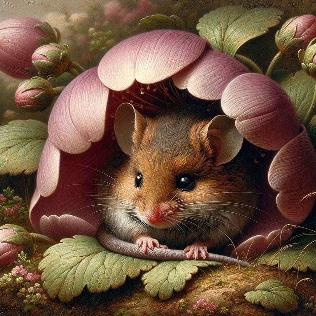 Timid Mouse Hiding Under Flower in Oil Painting Style