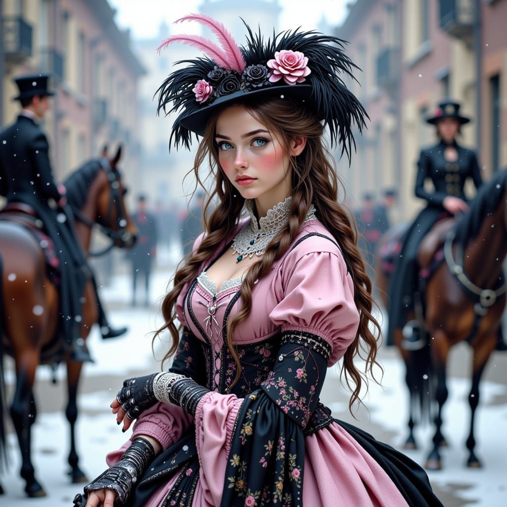 Woman in 18th Century Riding Habit Amidst Snow