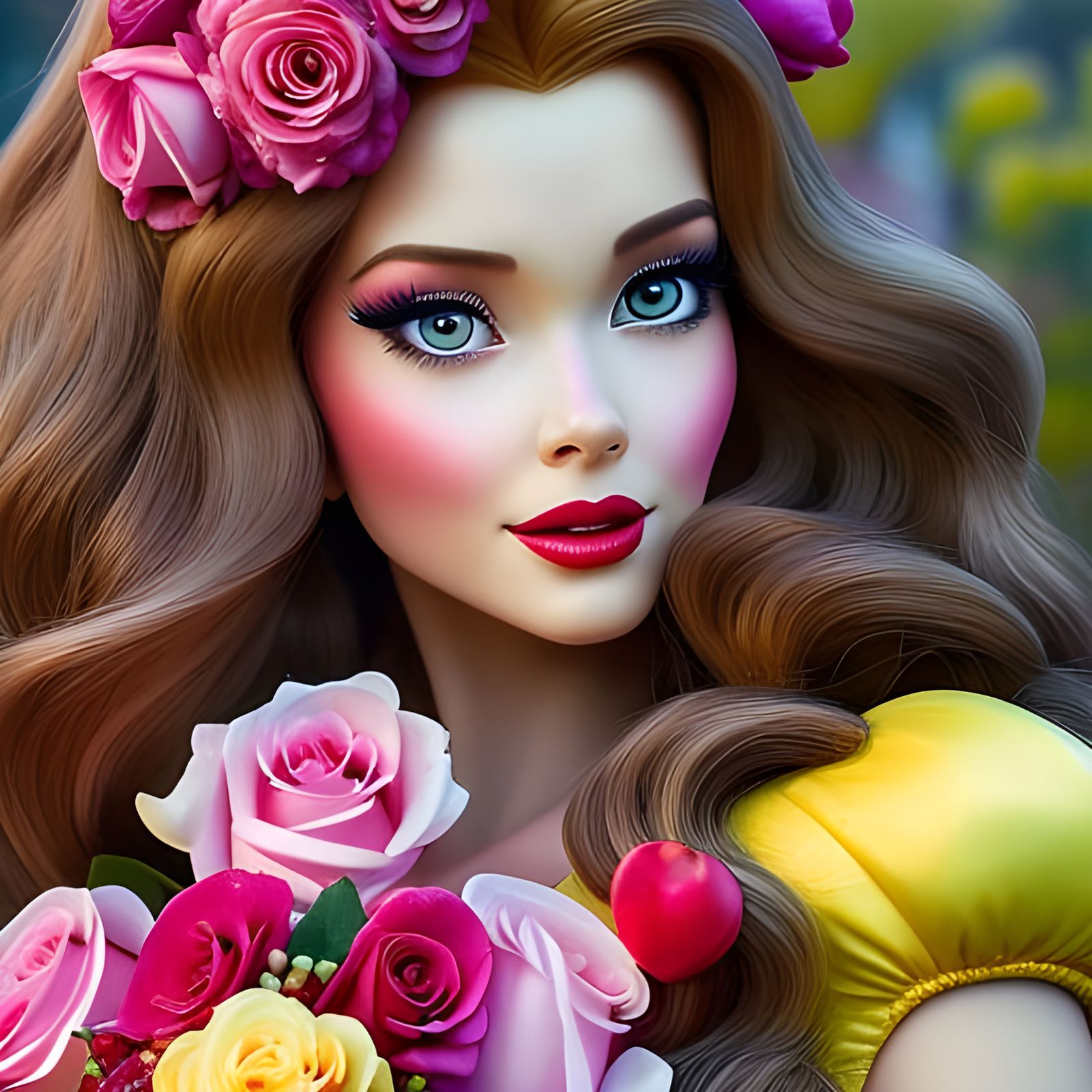 Belle Surrounded by Hearts and Flowers: Digital Portrait