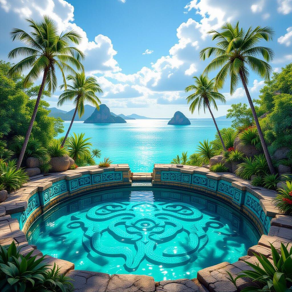 Mystical Turquoise Cenote with Serpent Motifs and Geometric ...