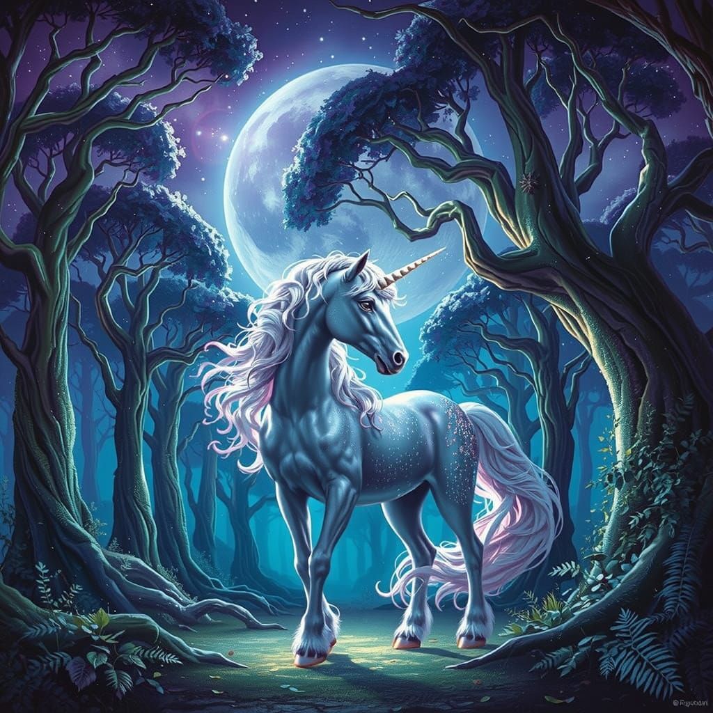 Iridescent Unicorn in Moonlit Forest: Fantasy Art