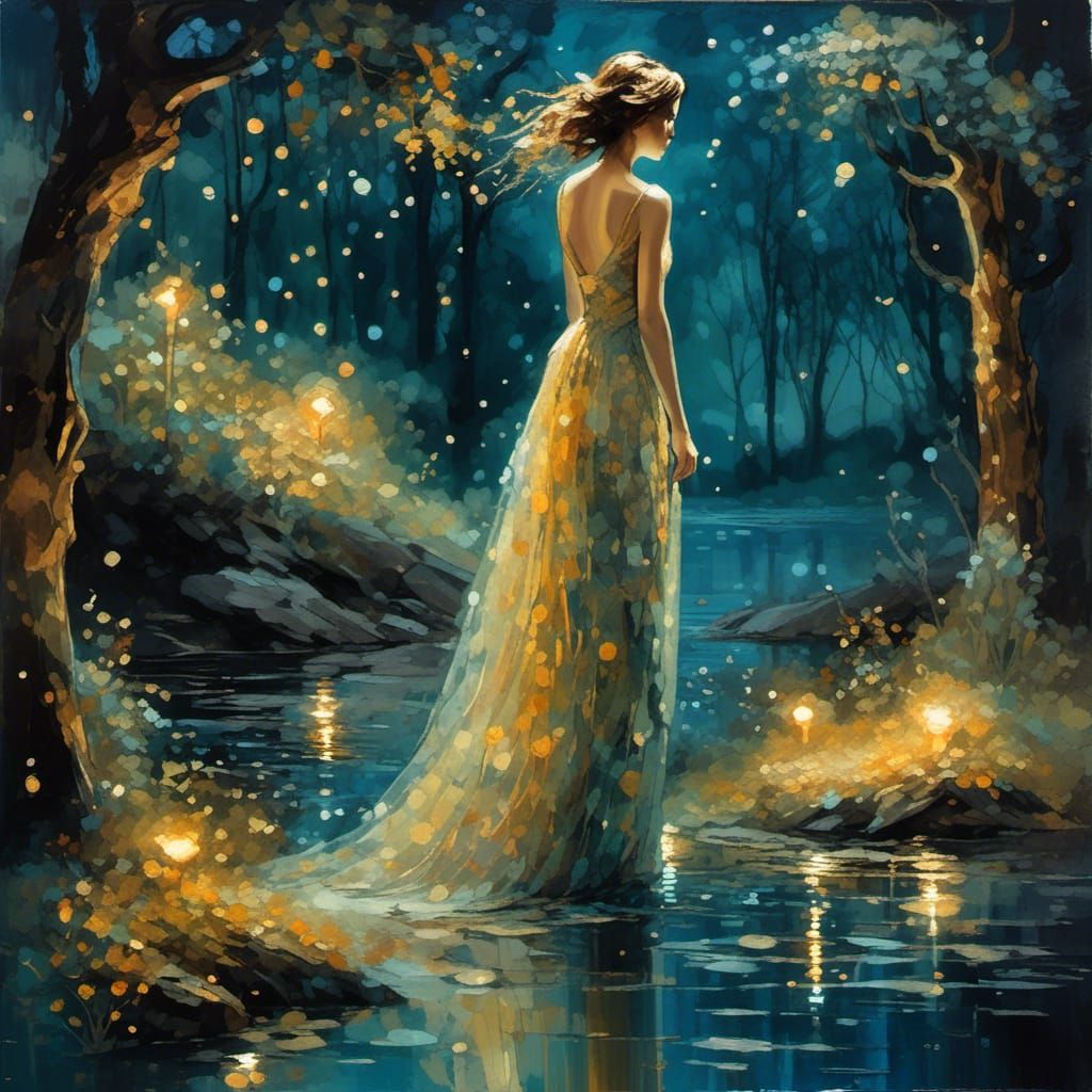 Mysterious Woman in Iridescent Gown, Digital Watercolor