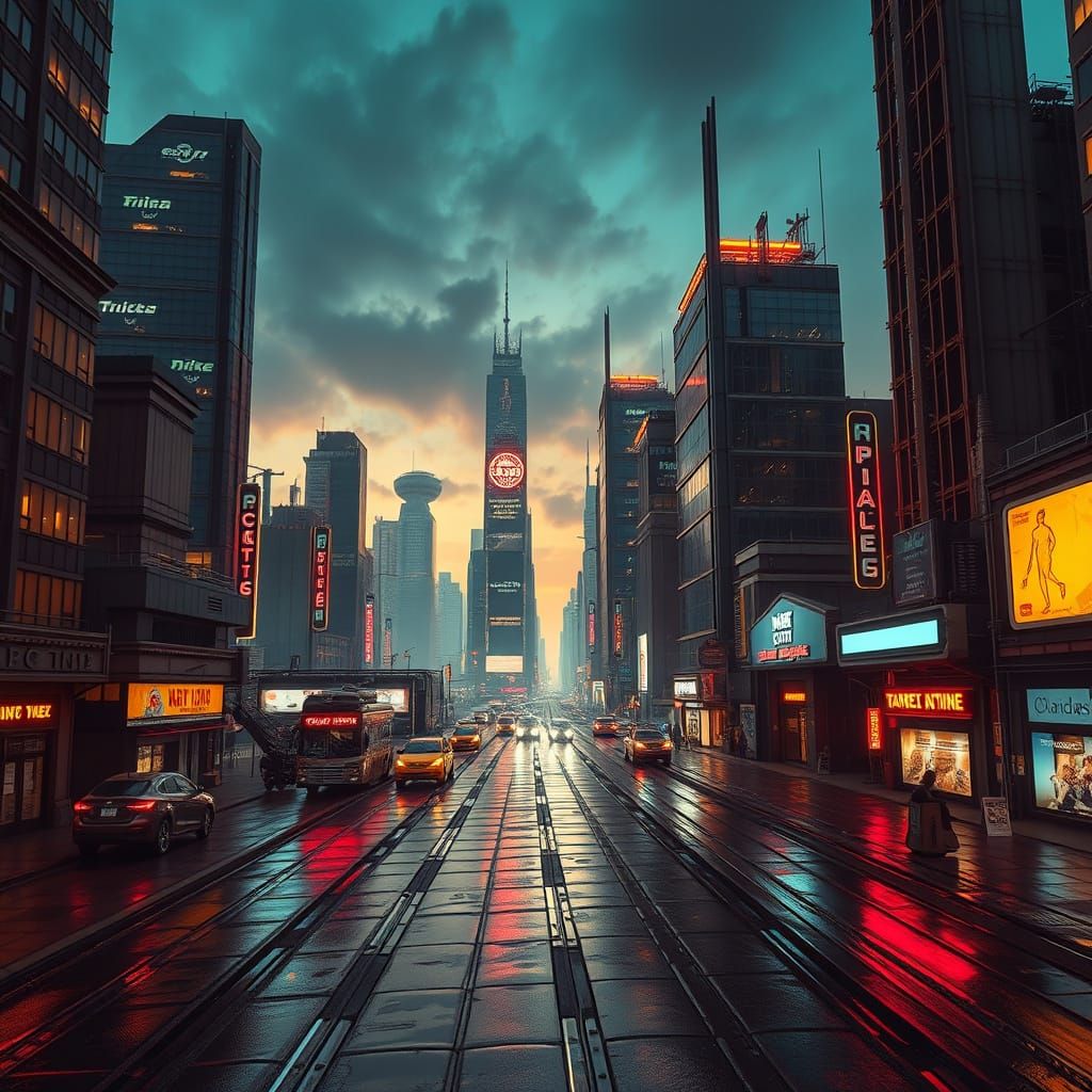 Futuristic Cityscape at Dusk, in a Cyberpunk Style