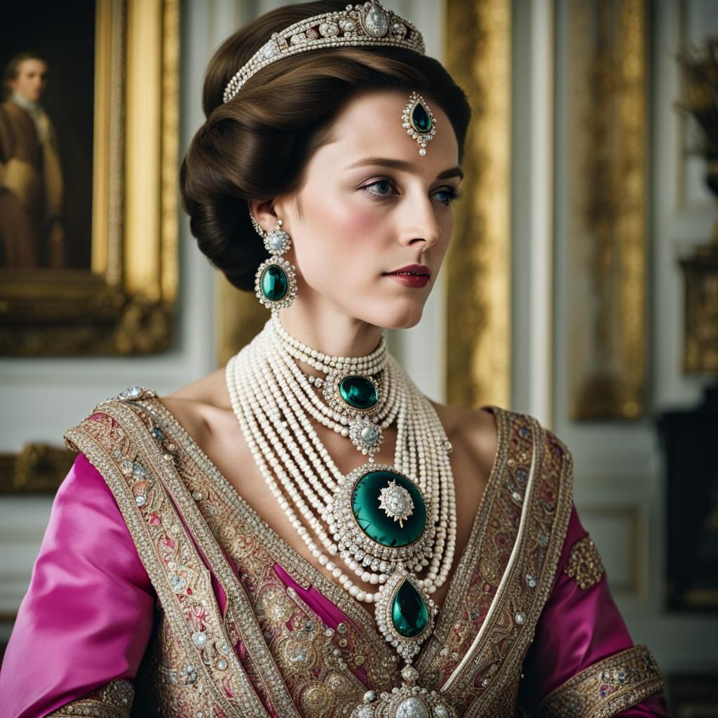 Princess Displaying Large Brooch and Jewelry
