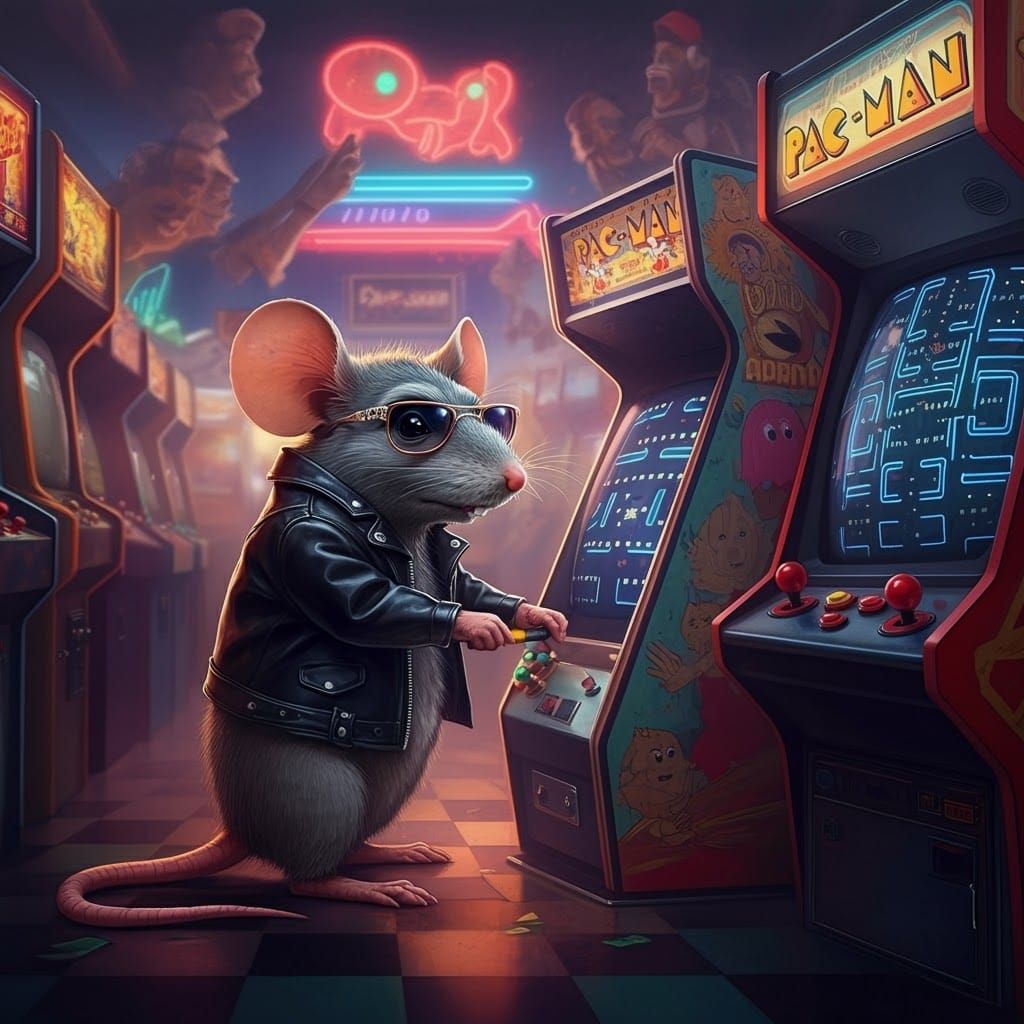 Ratfink Mouse Plays Pac-Man in Arcade, Ed Roth Style