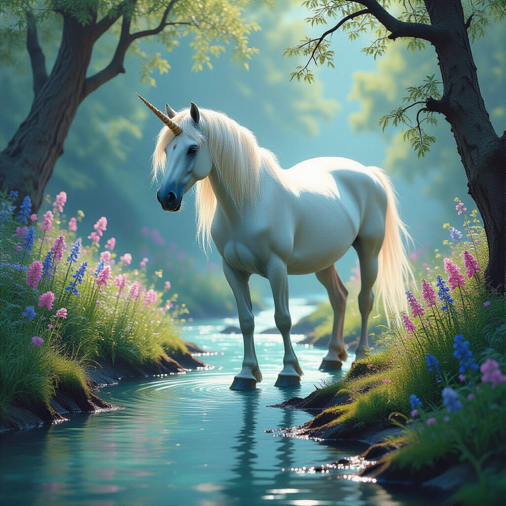 Ethereal Unicorn Beside Moonlit Stream
