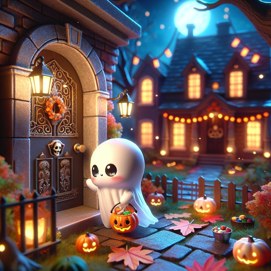 Cute Chibi Ghost Knocks on Haunted House Door