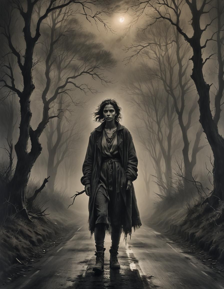 Ragged Woman in Foggy Road: Dramatic Charcoal Drawing