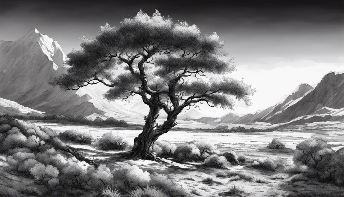 Monochrome Mountain Landscape with Pine Trees