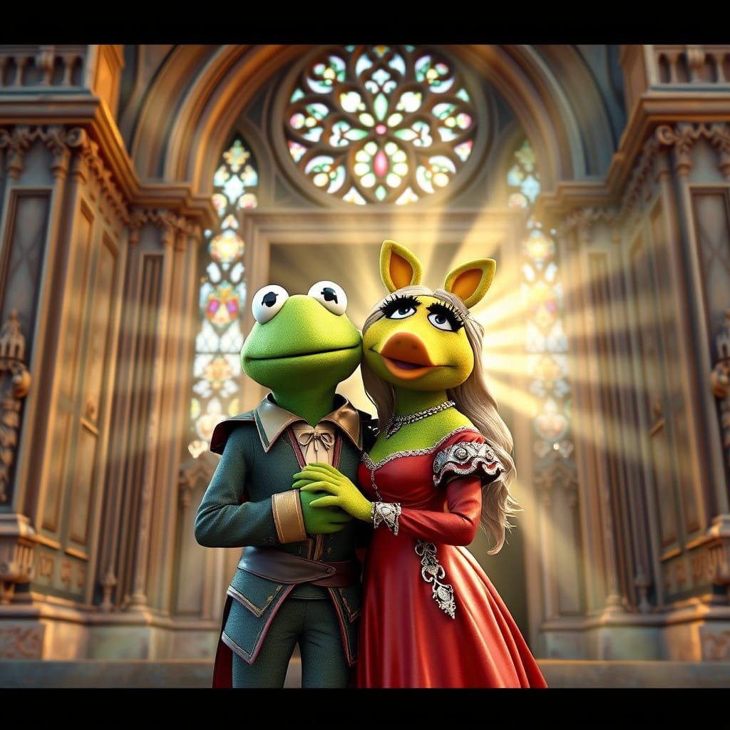 Kermit the frog and Miss Piggy dressed up as Romeo and Juliet at a cathedral. Pixar, Disney