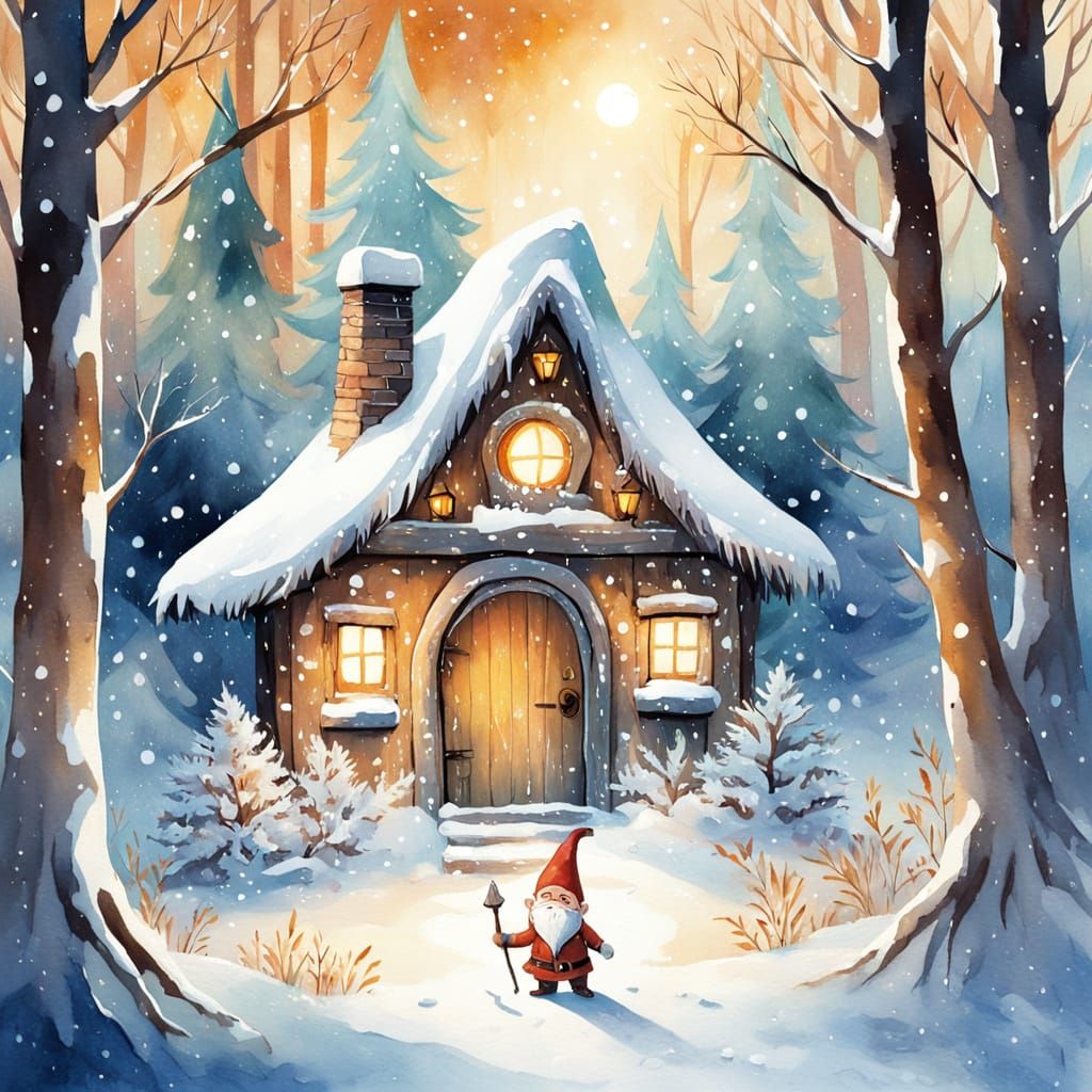Cozy Gnome Home in Winter Forest: Watercolour
