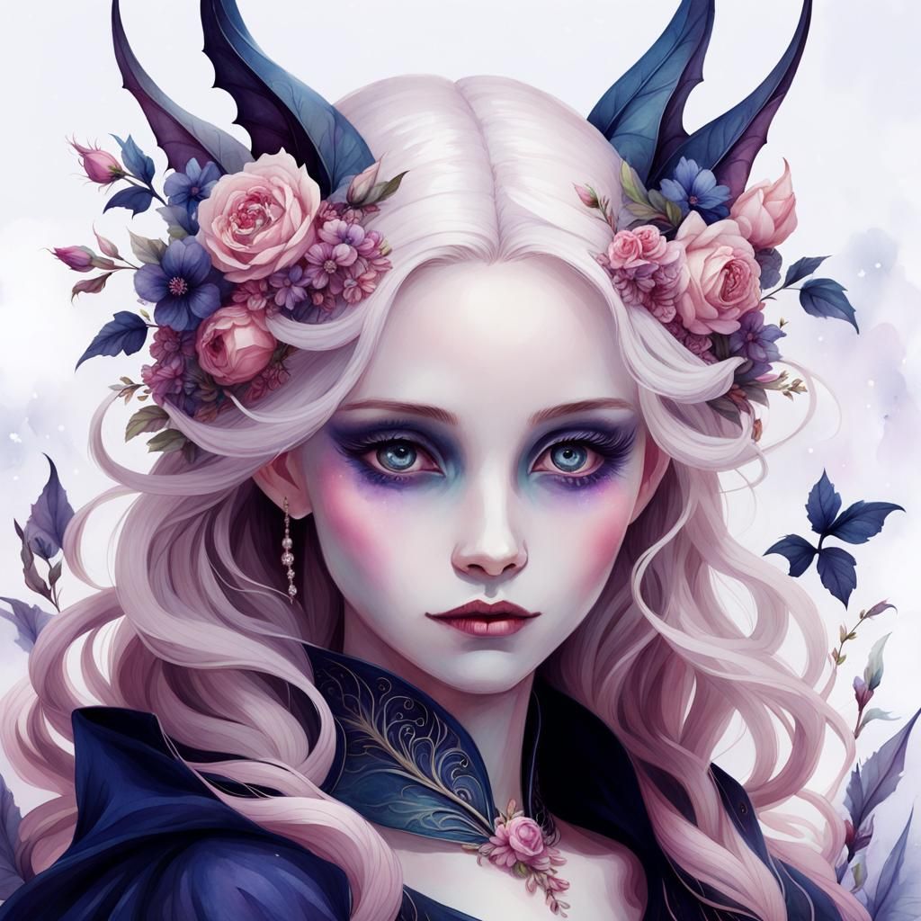 Ethereal Creature Portrait with Botanical Crown as Watercolo...