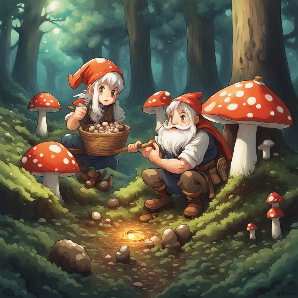 Magical Dwarf Harvesting Mushrooms in Anime Style