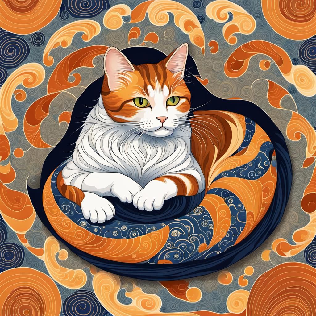 Calico Cat in Hokusai Wave and Klimt Style