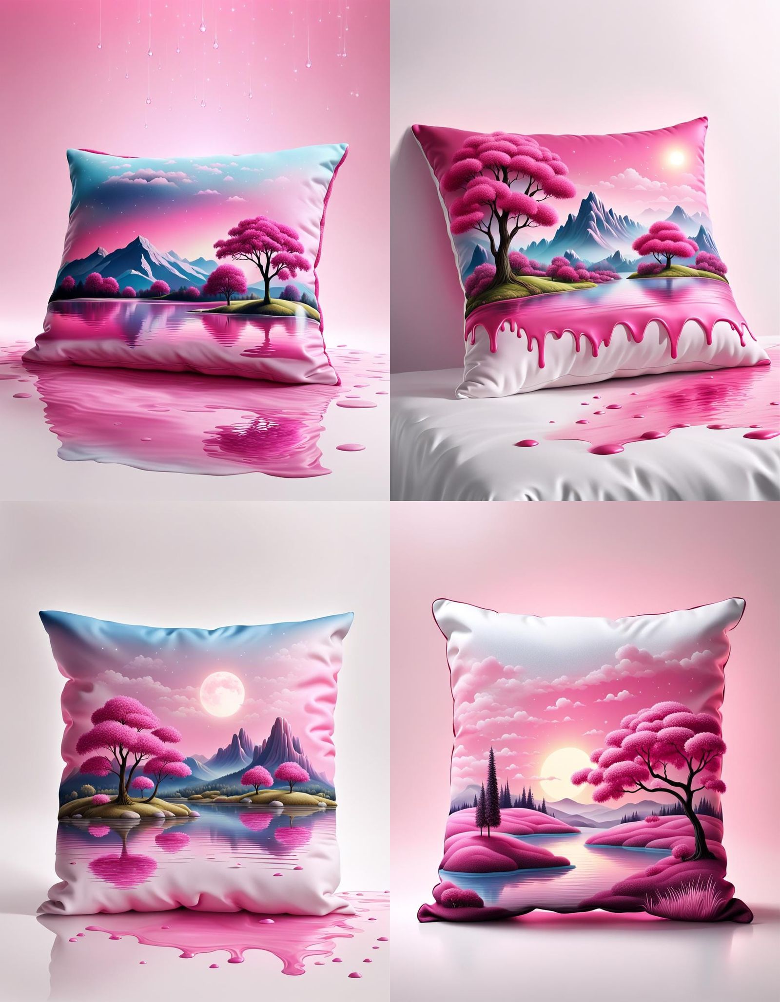 Pink Dreamscape Fabric Pillow on White Background