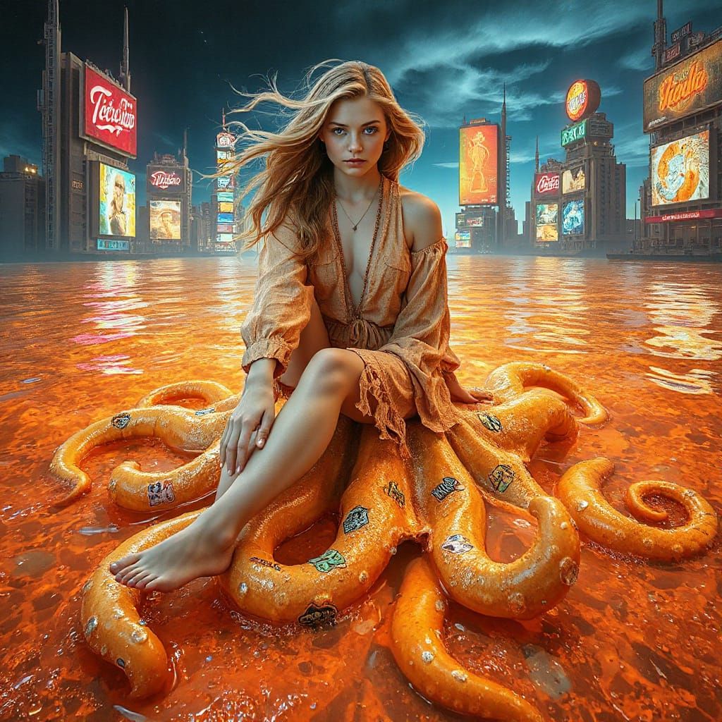 Luminous Bohemian Woman on Iridescent Squid