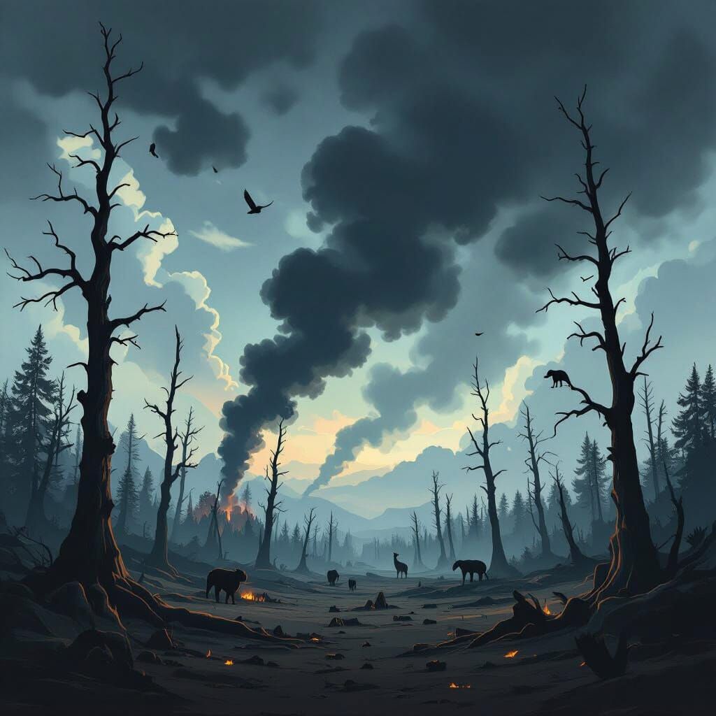Desolate Forest Scene Representing Deforestation and Extinct...