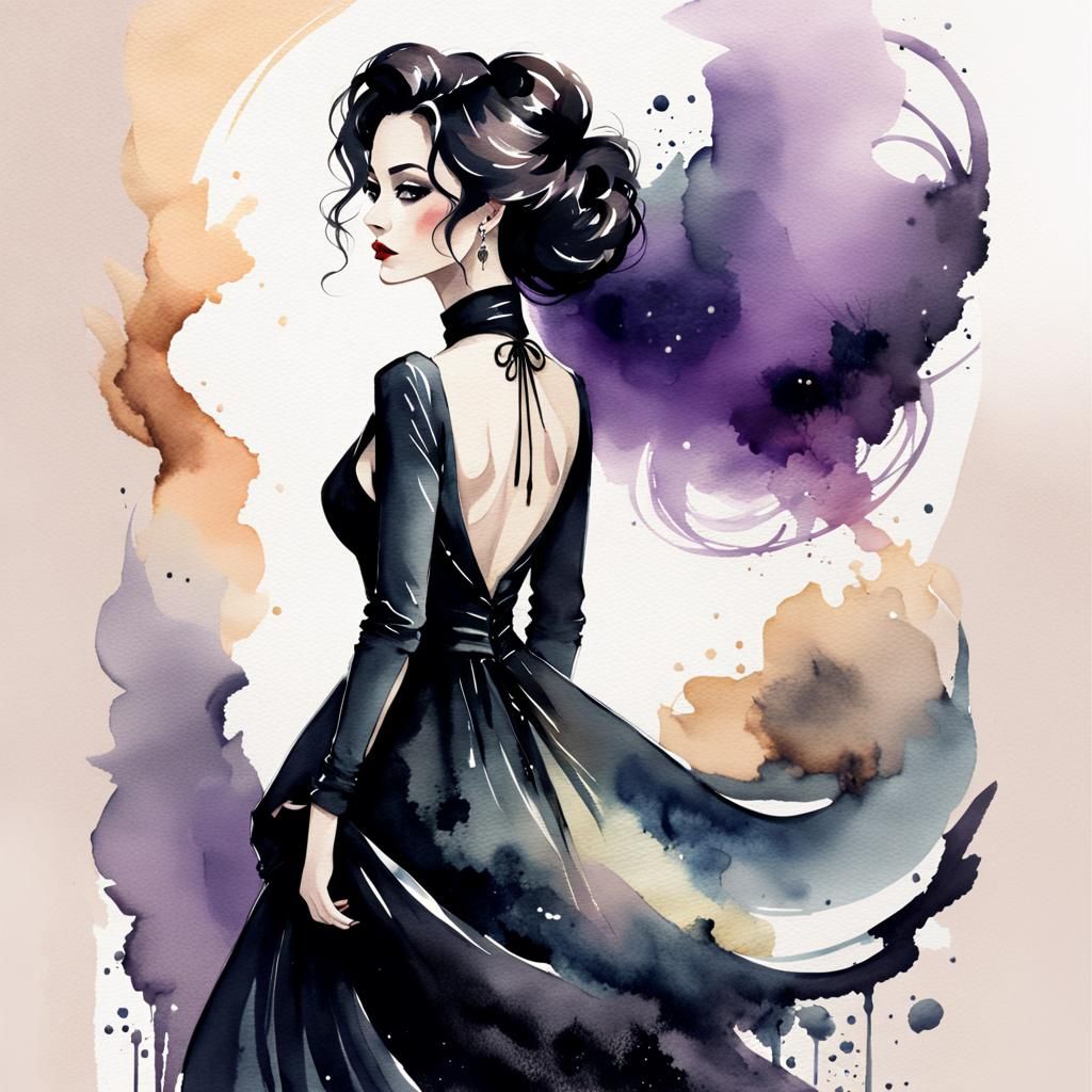 Eerie Gothic Woman in Watercolor