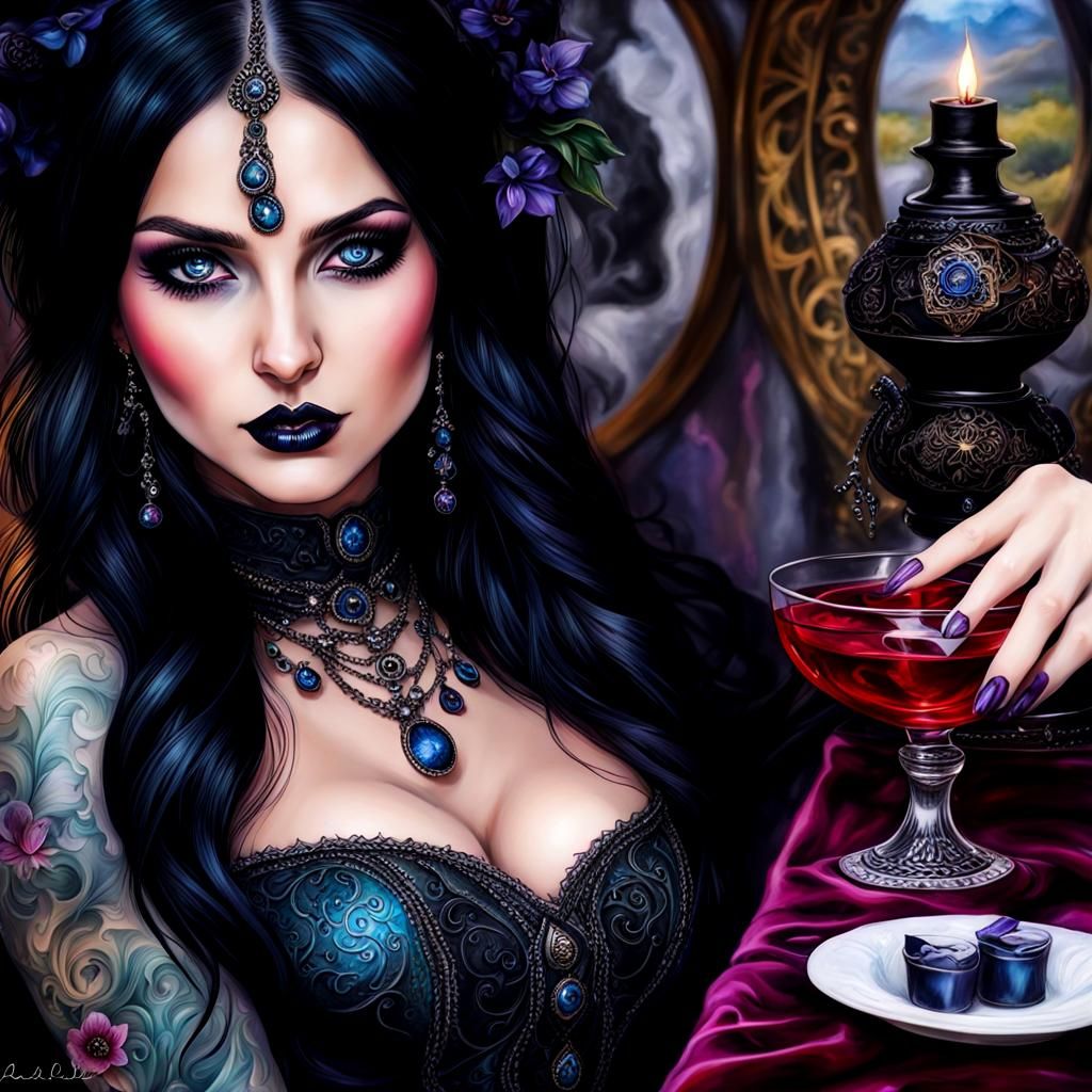 Gothic Tattooed Priestess with Alcohol Ink and Oil Paint