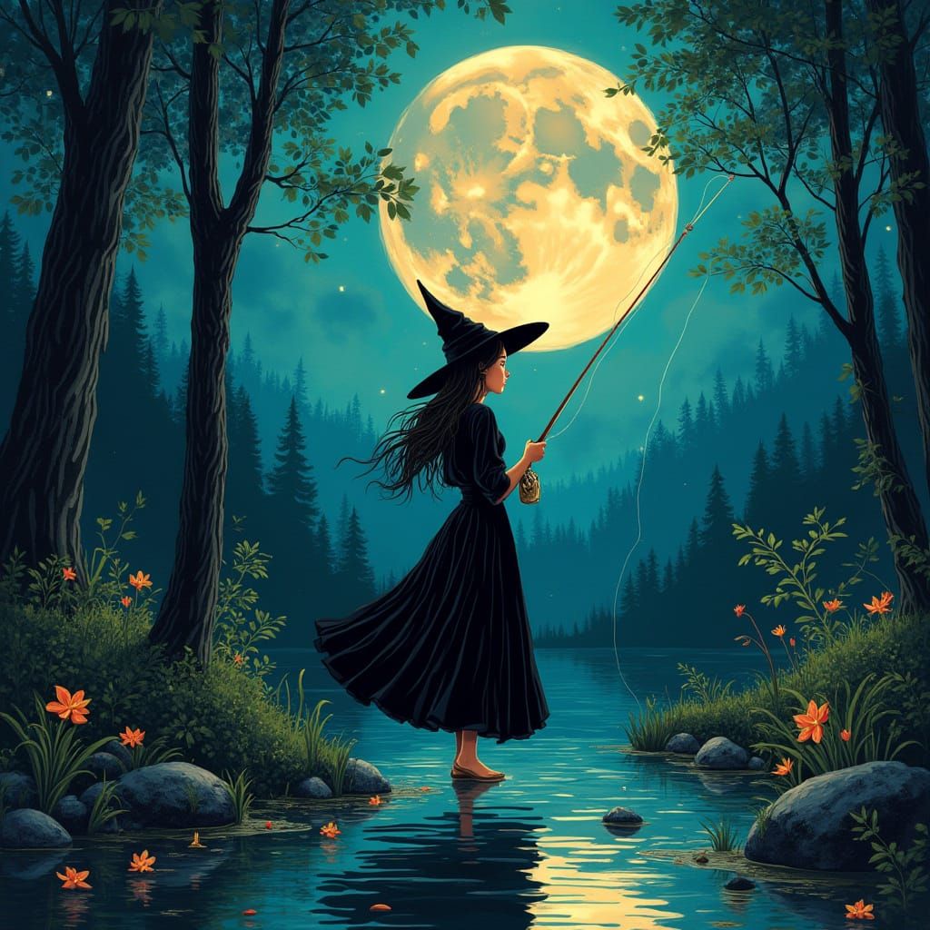 Mystical Moonlit Fisherwoman in Whimsical Forest