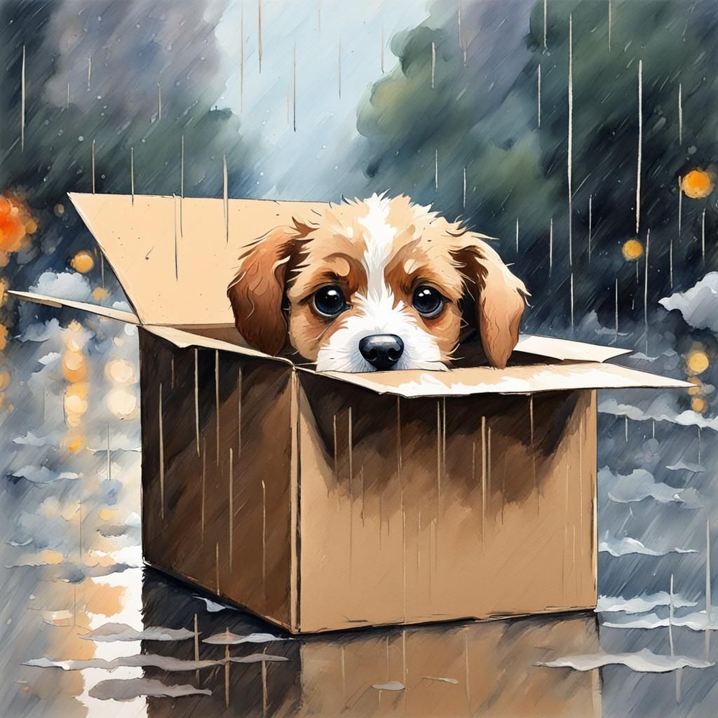 Sad Puppy in Rain: Gouache Watercolor Impression
