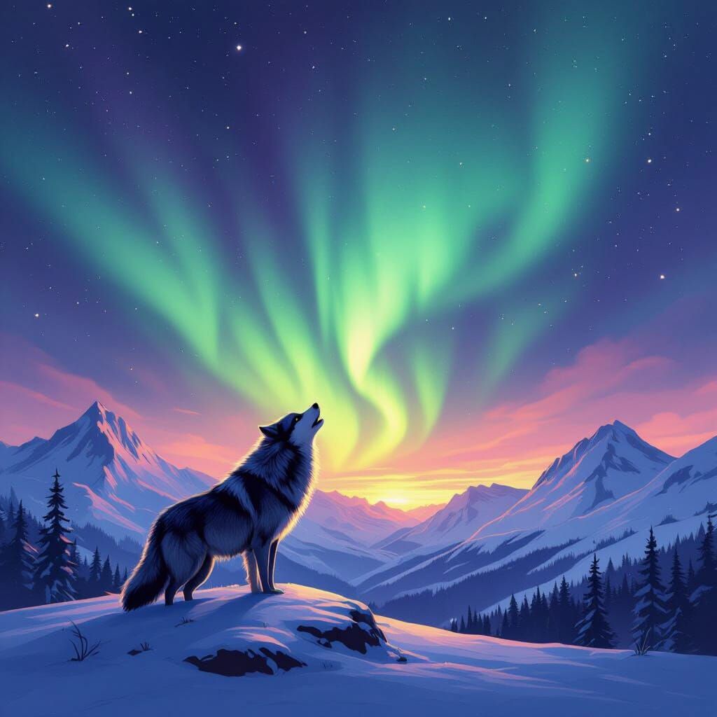 Wolf Howling Under Aurora Borealis Sky
