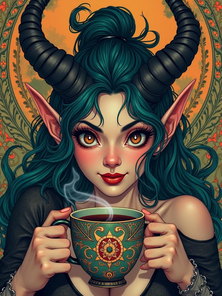 Tiefling Woman with Coffee Mug in Art Nouveau Style